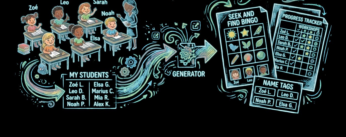 Diagram: a class roster feeding into the KrafTeach generator, producing a bingo worksheet, a progress tracker and name tags for Zoé, Leo, Sarah, Noah and Elsa.